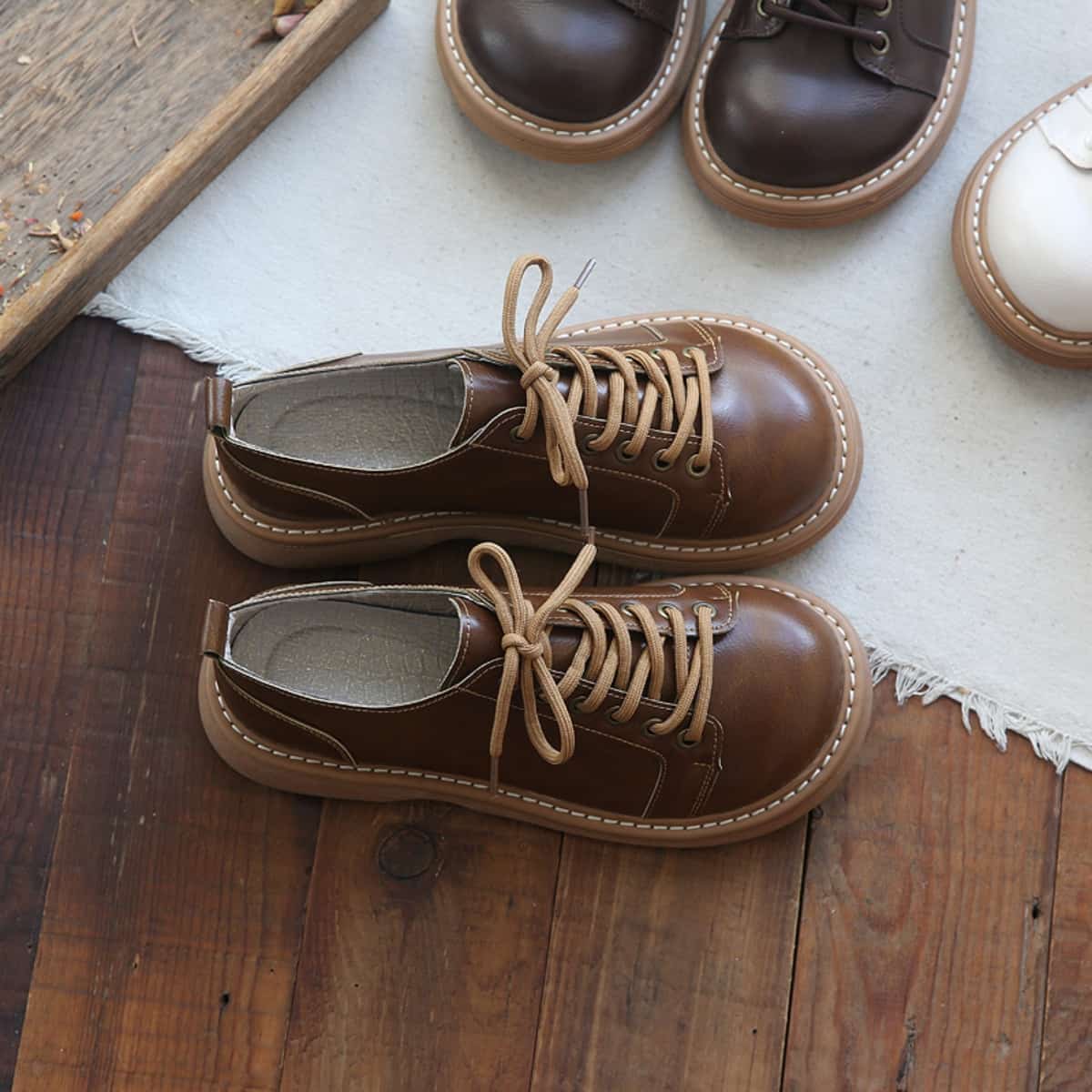 Round head lace-up platform small leather shoes college versatile uniform shoes single shoes women