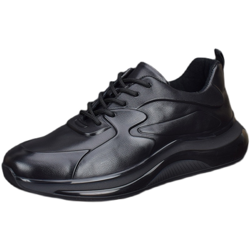 Leather thick-soled black breathable sneakers men's lace-up shock-absorbing air cushion bottom first-layer cowhide running shoes