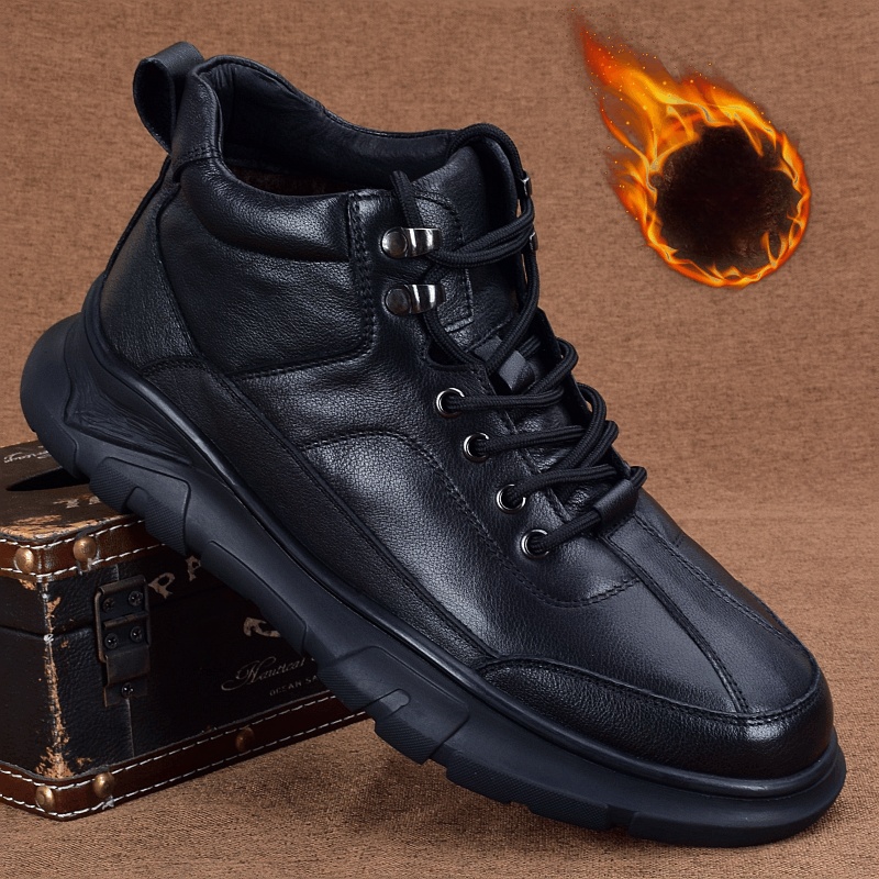 Genuine leather velvet warm high-top casual leather shoes men's full cowhide thick-soled non-slip outdoor shoes