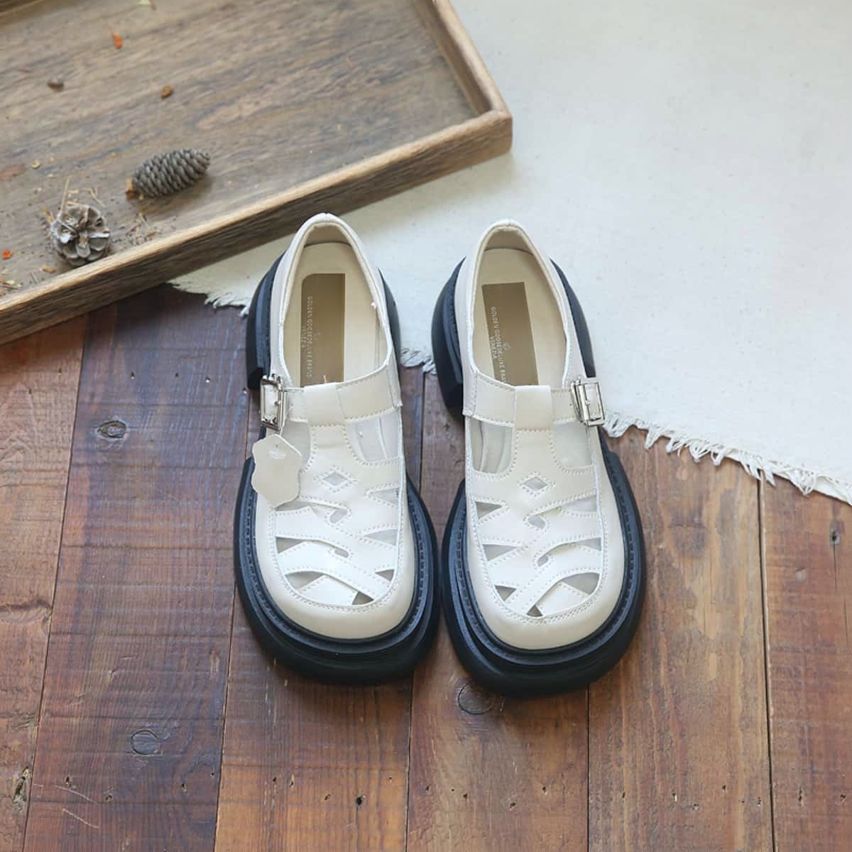 Leather hollow platform big head shoes summer fashion thick heel bag head Roman sandals