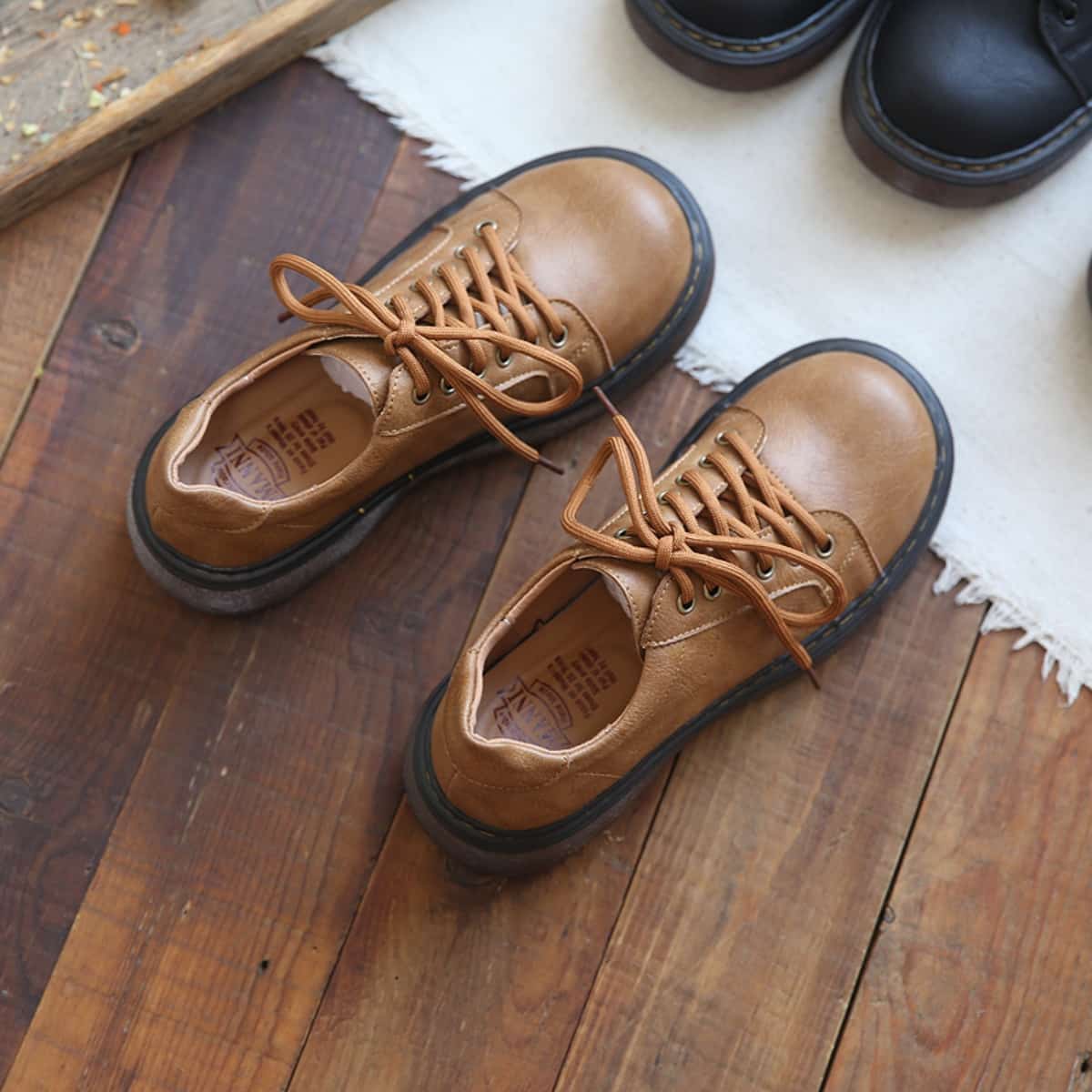 Round head lace-up platform single shoes spring new college style versatile black height-increasing small leather shoes women