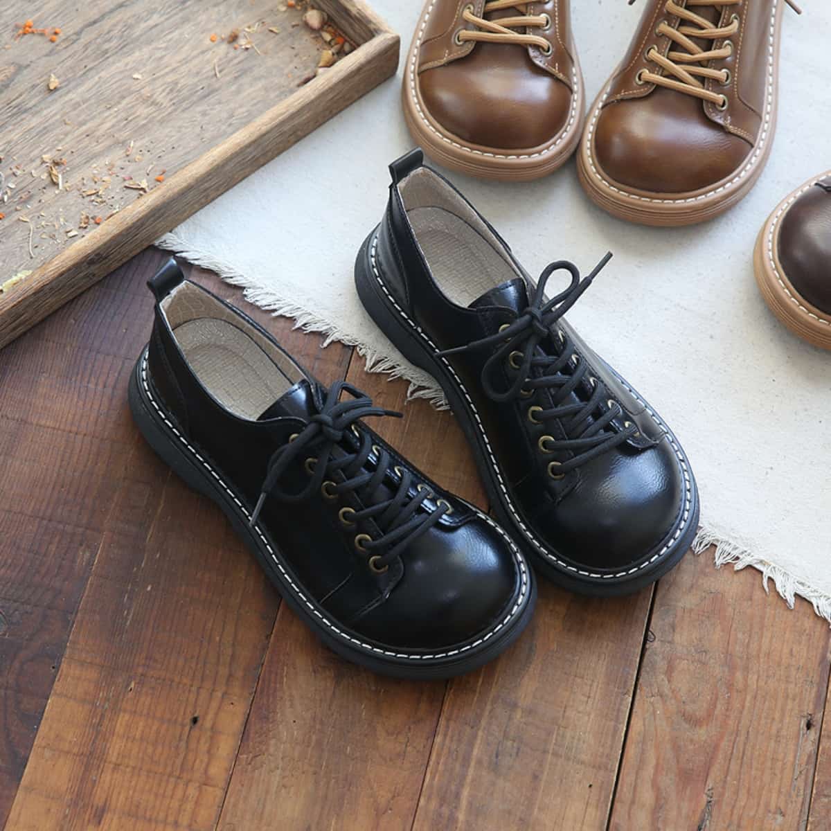 Round head lace-up platform small leather shoes college versatile uniform shoes single shoes women