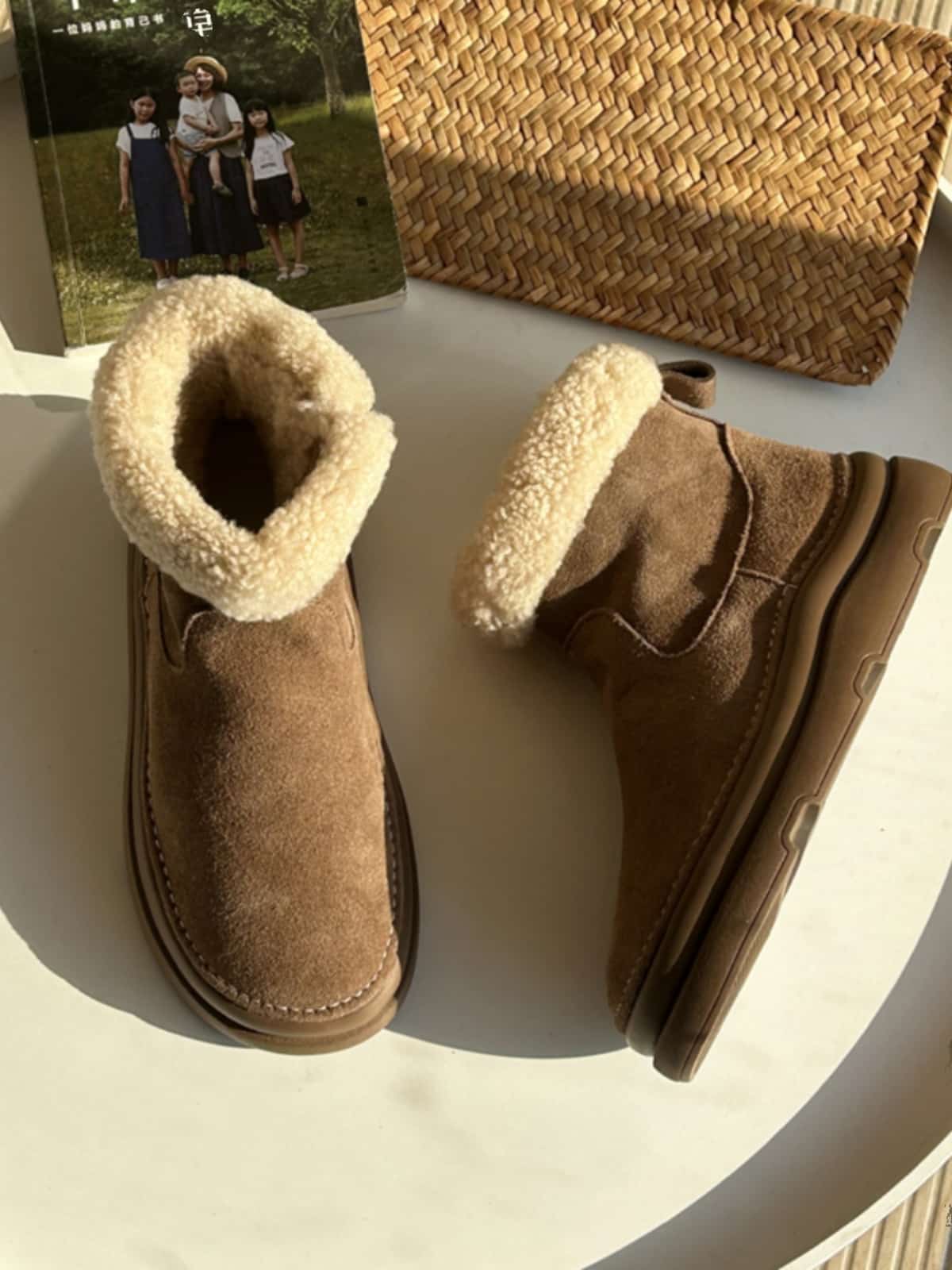 Leather imitation lamb wool round head thick-soled short boots winter warm snow boots