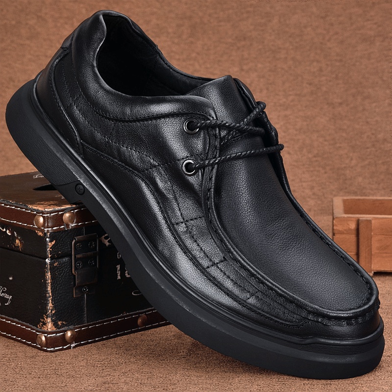 Leather lightweight men's casual leather shoes men's first layer cowhide lace-up thick-soled wide-headed business casual shoes