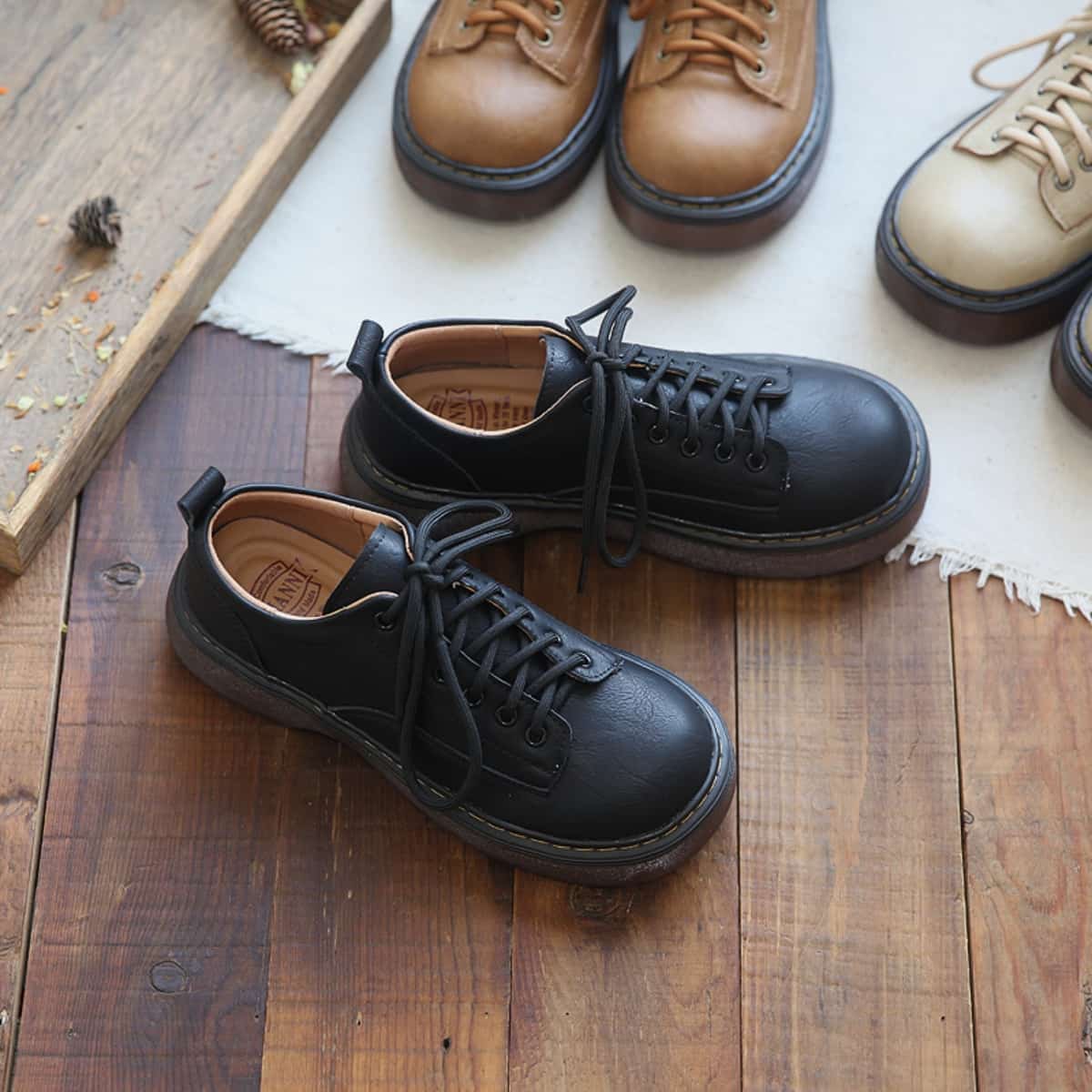 College style round head lace-up platform single shoes spring new classic black low-top small leather shoes women