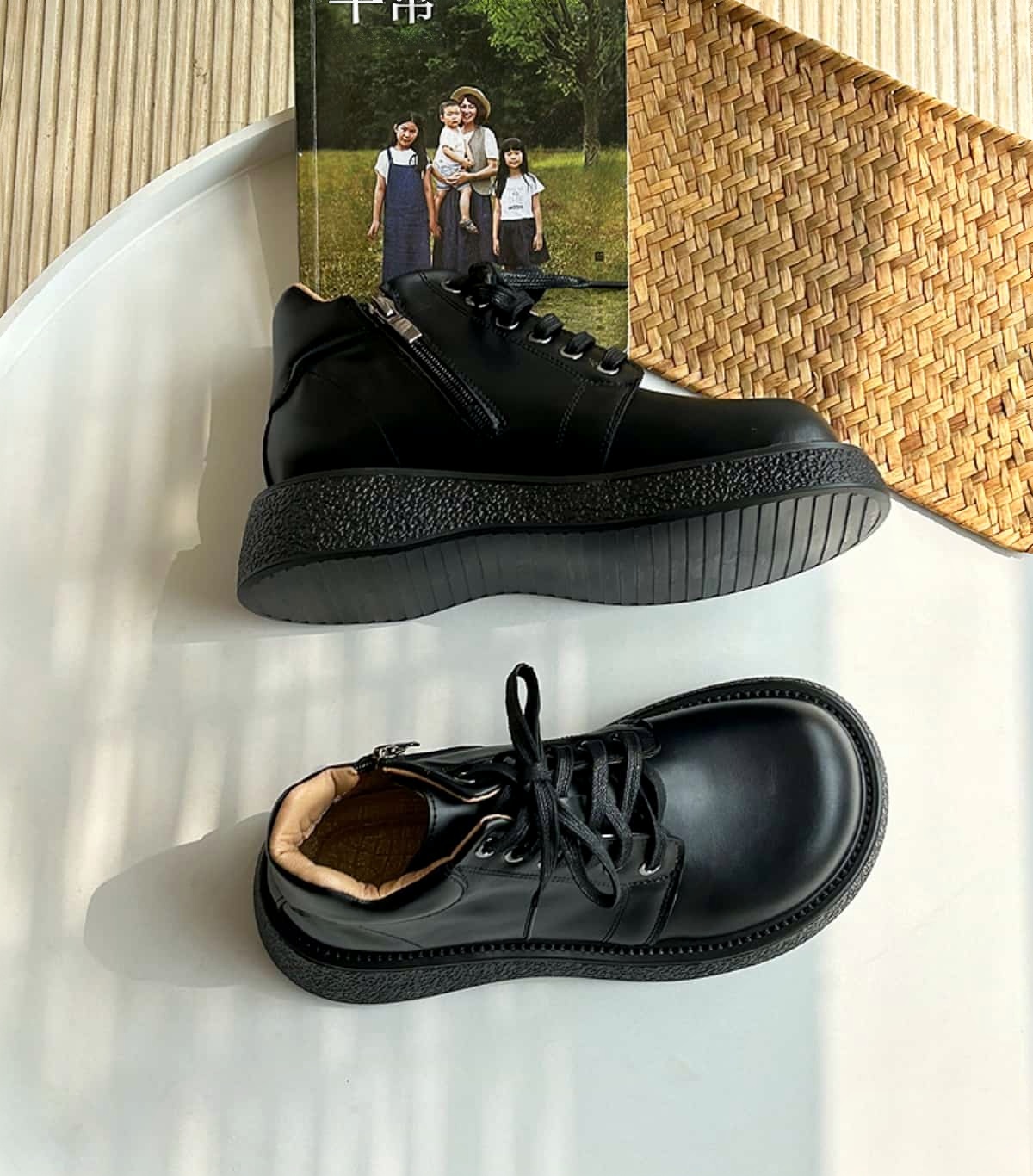 Round head lace-up thick-soled big head Martin boots side zipper versatile medium heel short boots women