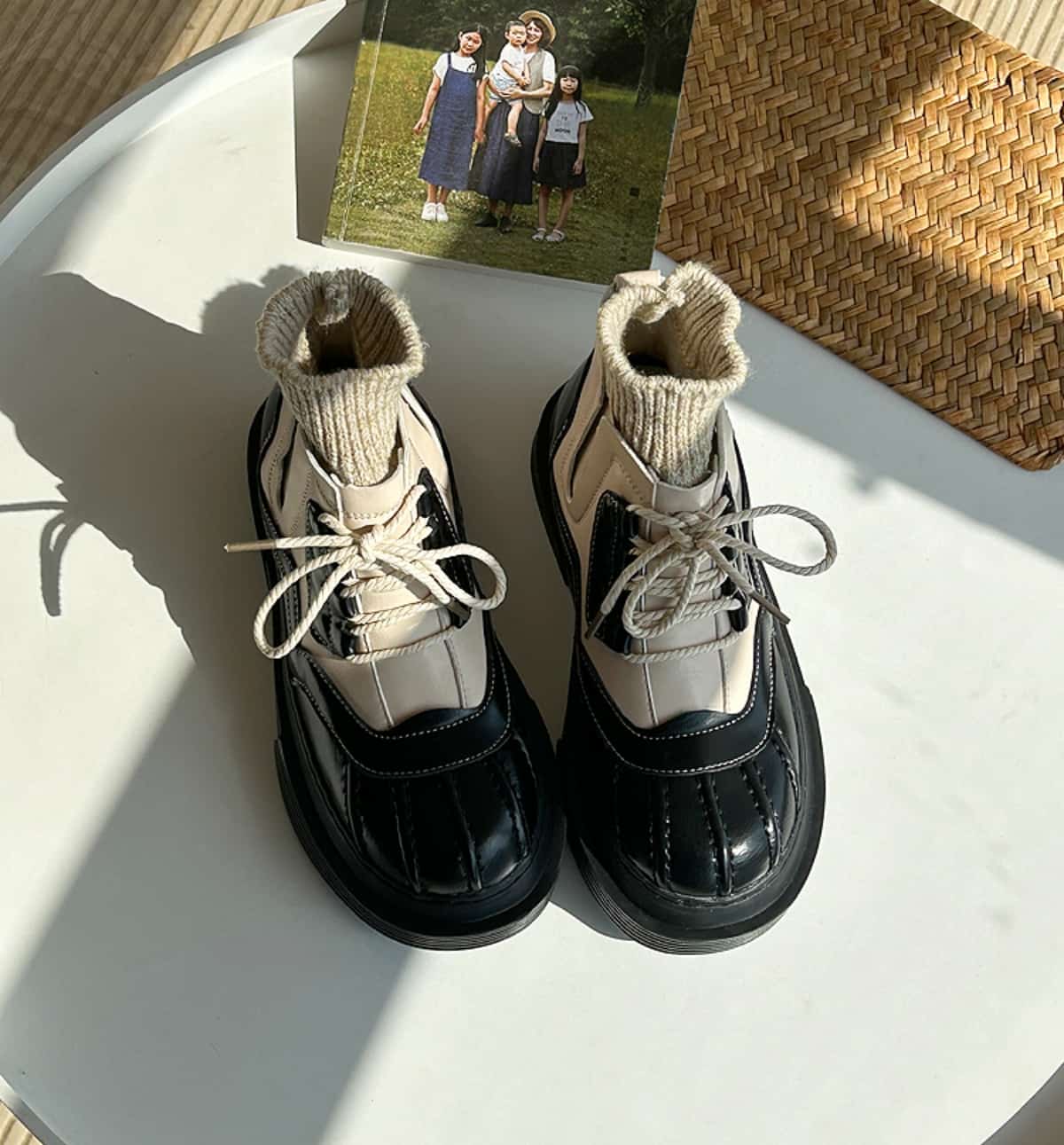 Wool mouth round head lace-up platform short boots winter velvet medium heel Martin boots