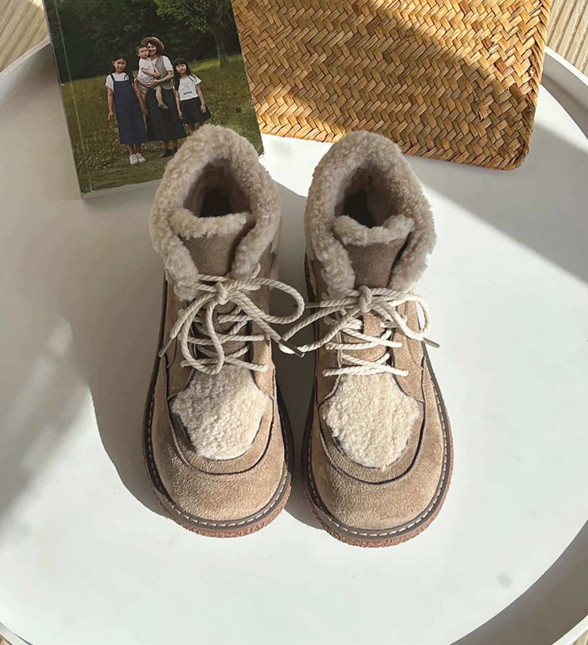 Imitation lamb wool round head strap-up thick-soled short boots winter warm and heightening snow boots