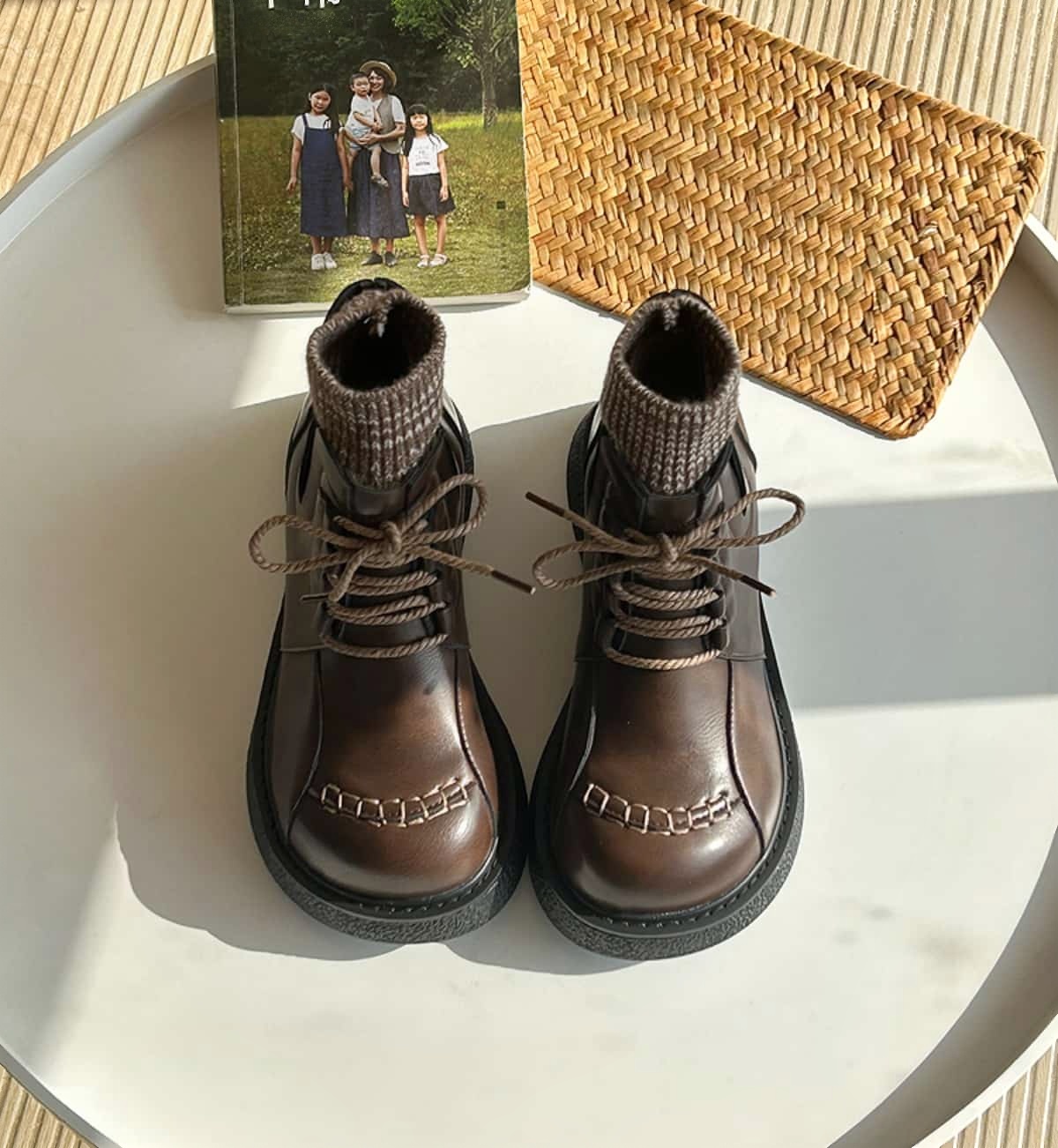 Wool mouth round head lace-up platform big head shoes winter velvet black Martin boots