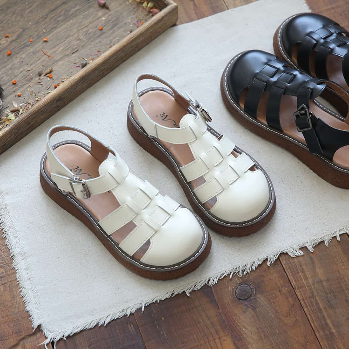 Leather hollow bag head platform big head shoes summer middle heel Roman sandals