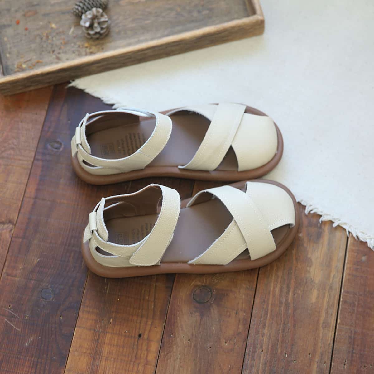 Leather hollow round head flats summer Velcro breathable soft-soled sandals