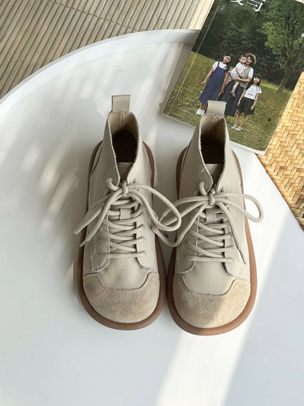 Leather Round Head Strap-Up Flat Bottom Martin Boots Comfortable Soft Sole Short Boots