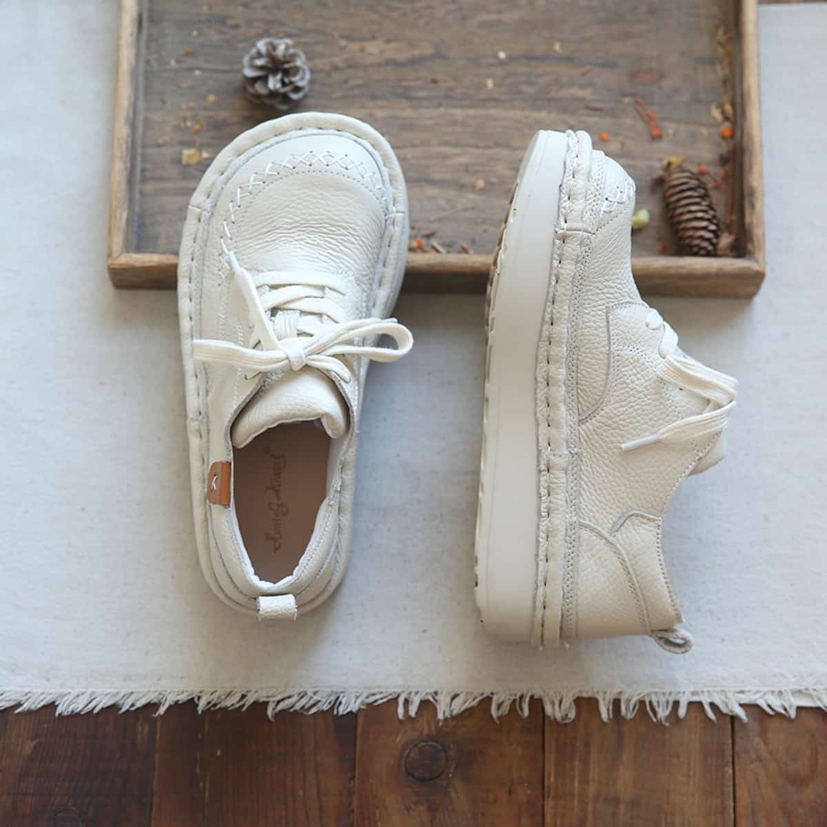 Leather round head lace-up platform big head shoes cute shoes handmade comfortable single shoes