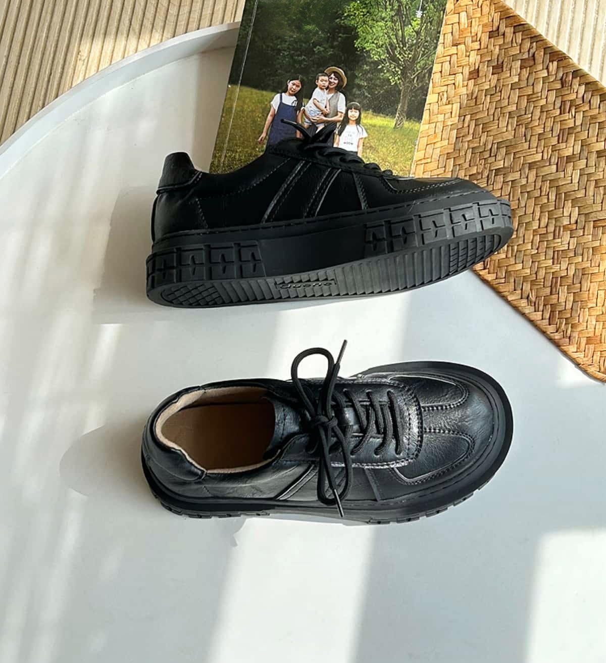 Round head lace-up thick-soled big head shoes low-top versatile small leather shoes single shoes women