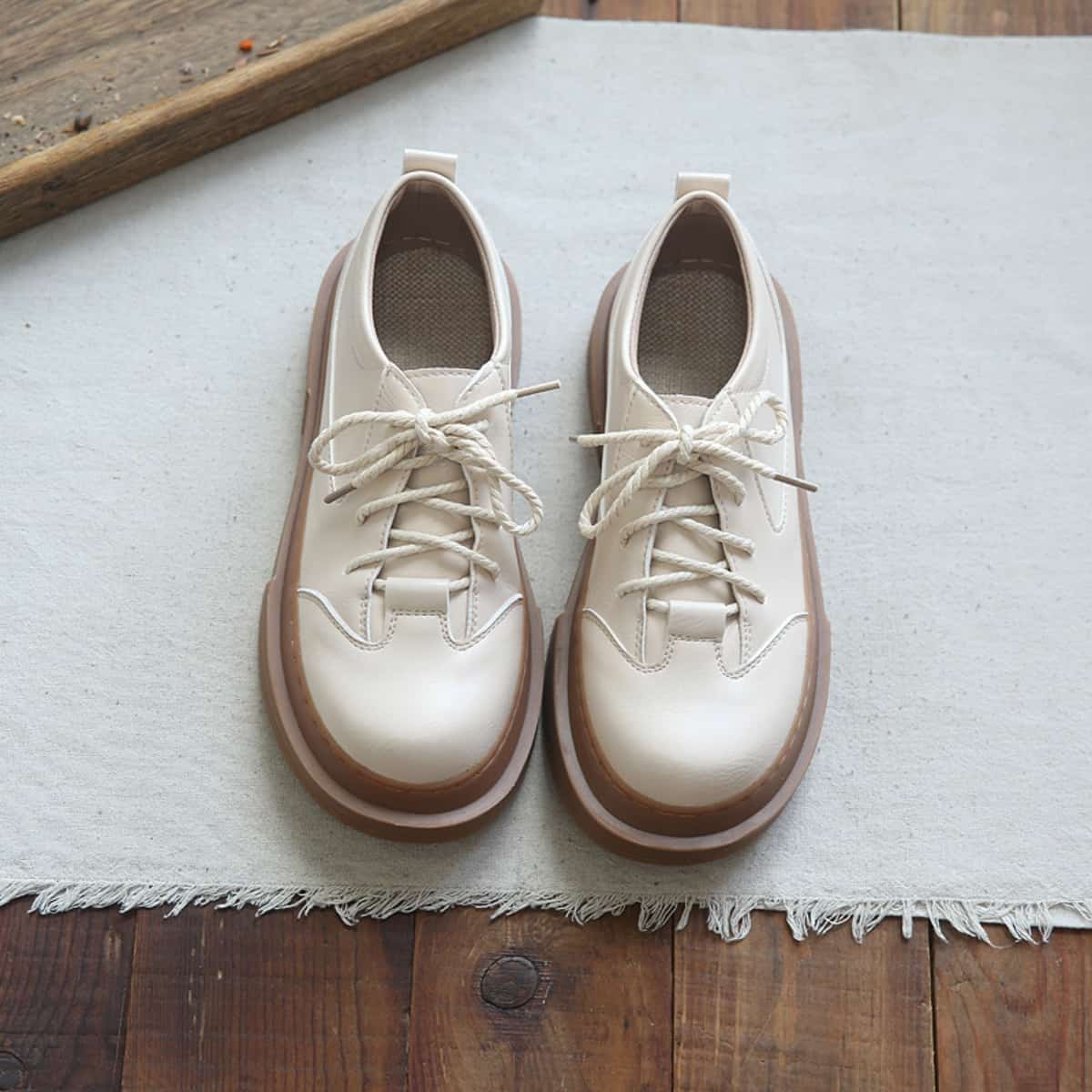 Glossy round head lace-up big head shoes autumn thick-soled versatile small leather shoes single shoes women