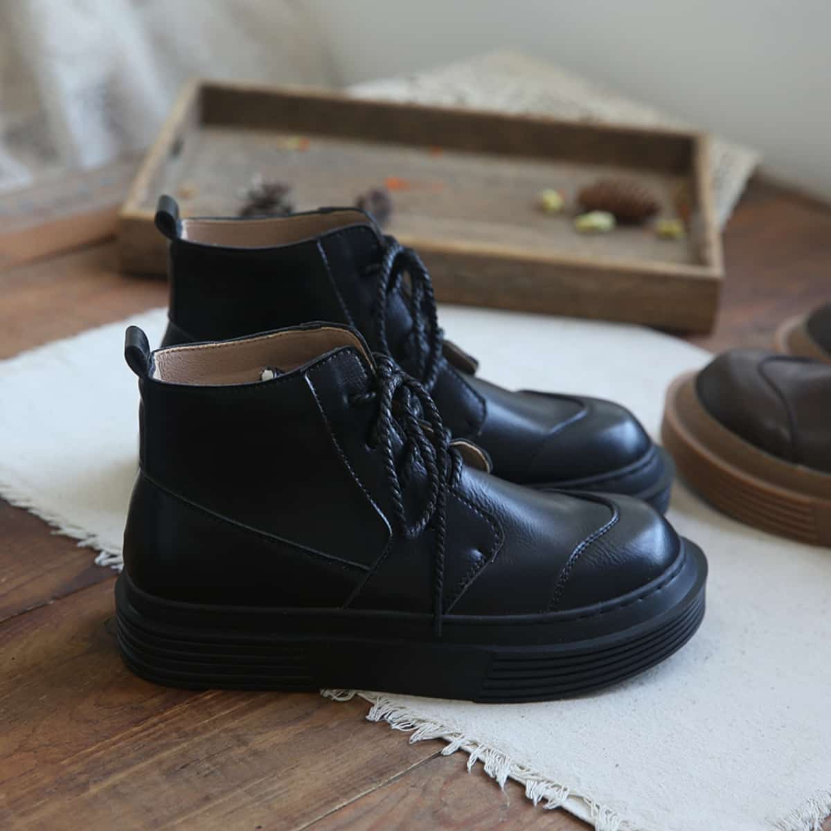Glossy round head lace-up platform big head shoes new short boots Martin boots women