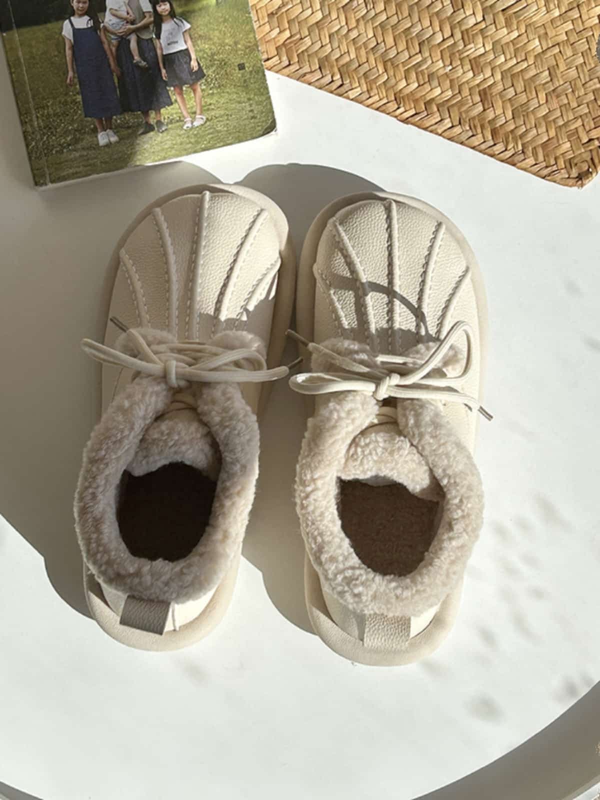 Imitation lamb wool round head lace-up short boots winter soft and cute beige warm flat-bottomed snow boots
