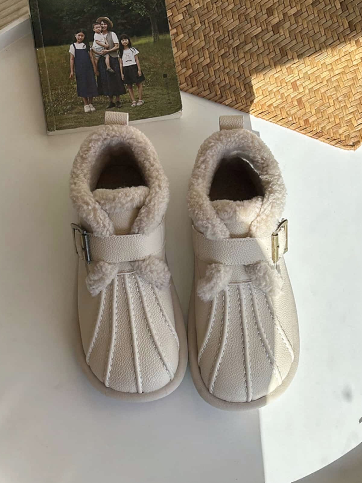 Imitation lamb wool round head flat-bottomed short boots winter cute belt buckle beige snow boots