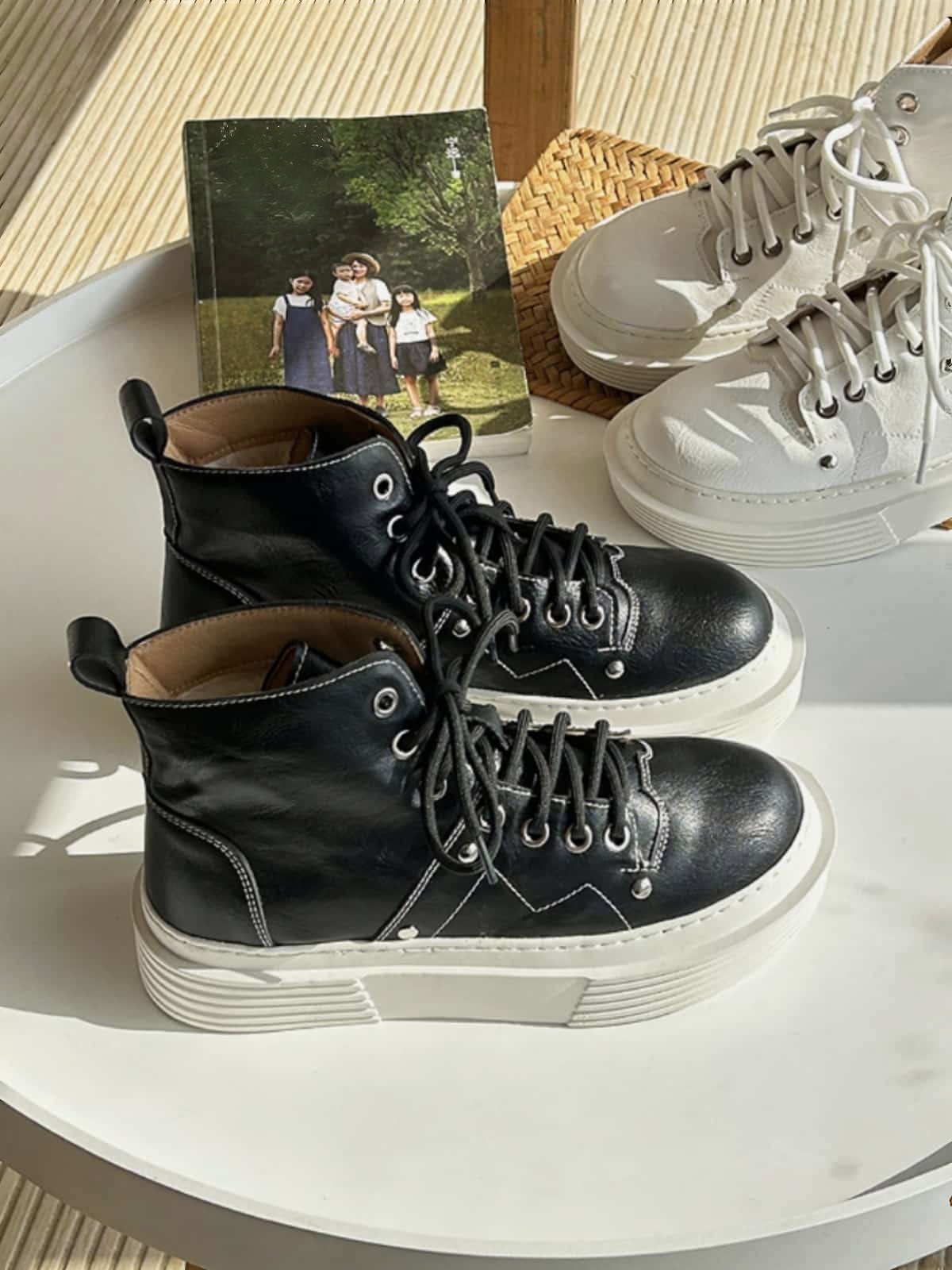 Round head lace-up thick-soled Martin boots winter velvet personalized handsome short boots children