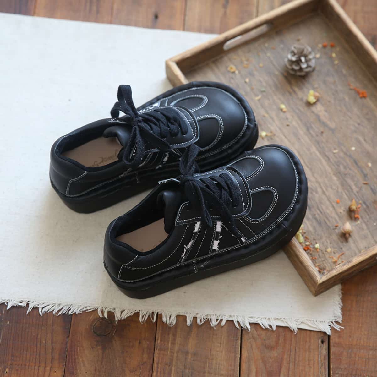 Leather round head lace-up platform big head shoes fashion muffin sole single shoes women