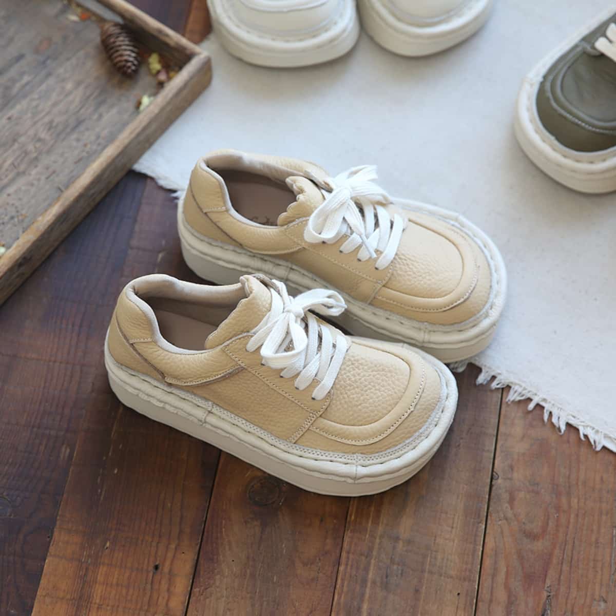 Leather round head lace-up platform big head shoes heightening shoes women