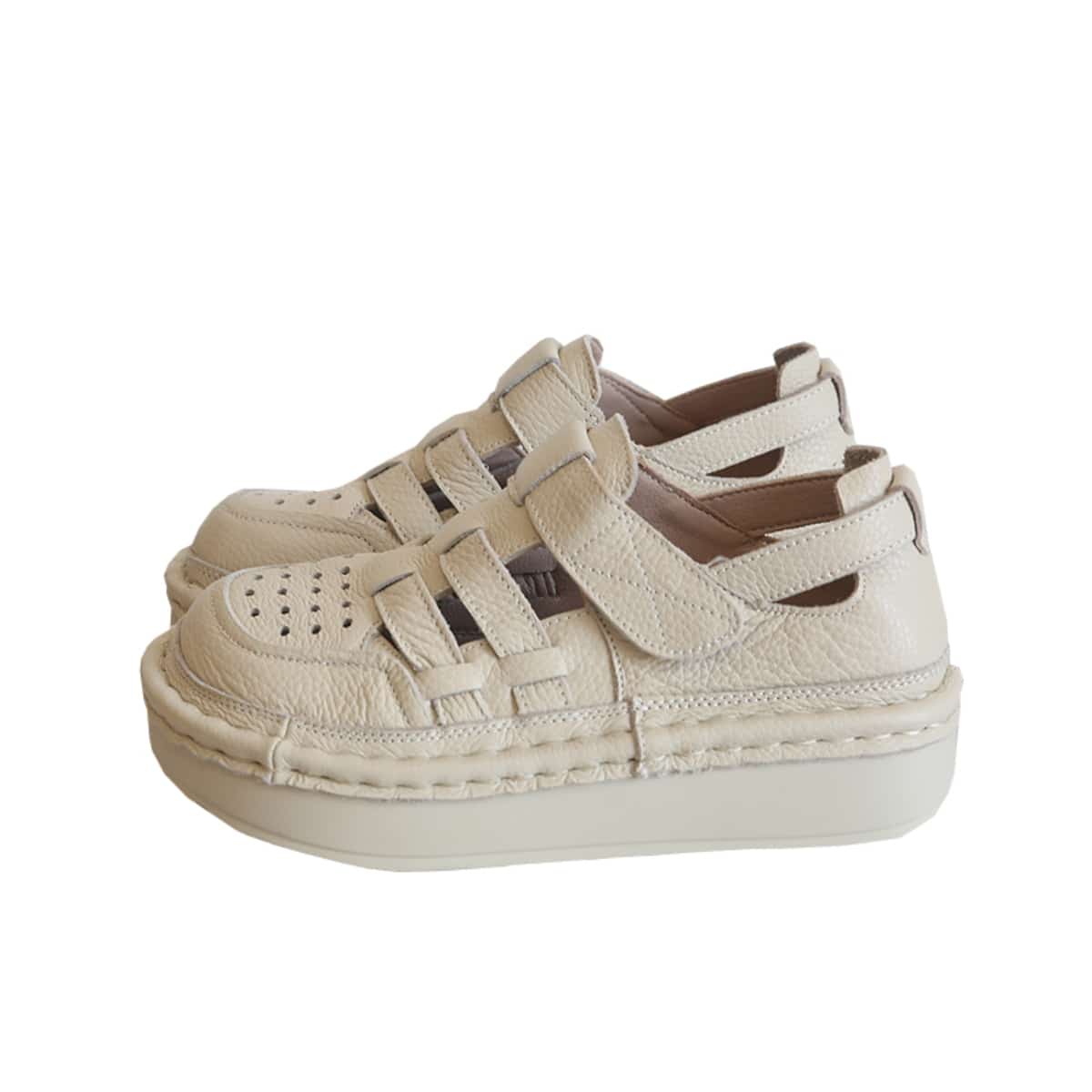 Leather hollow round head platform big head shoes summer middle heel Roman sandals