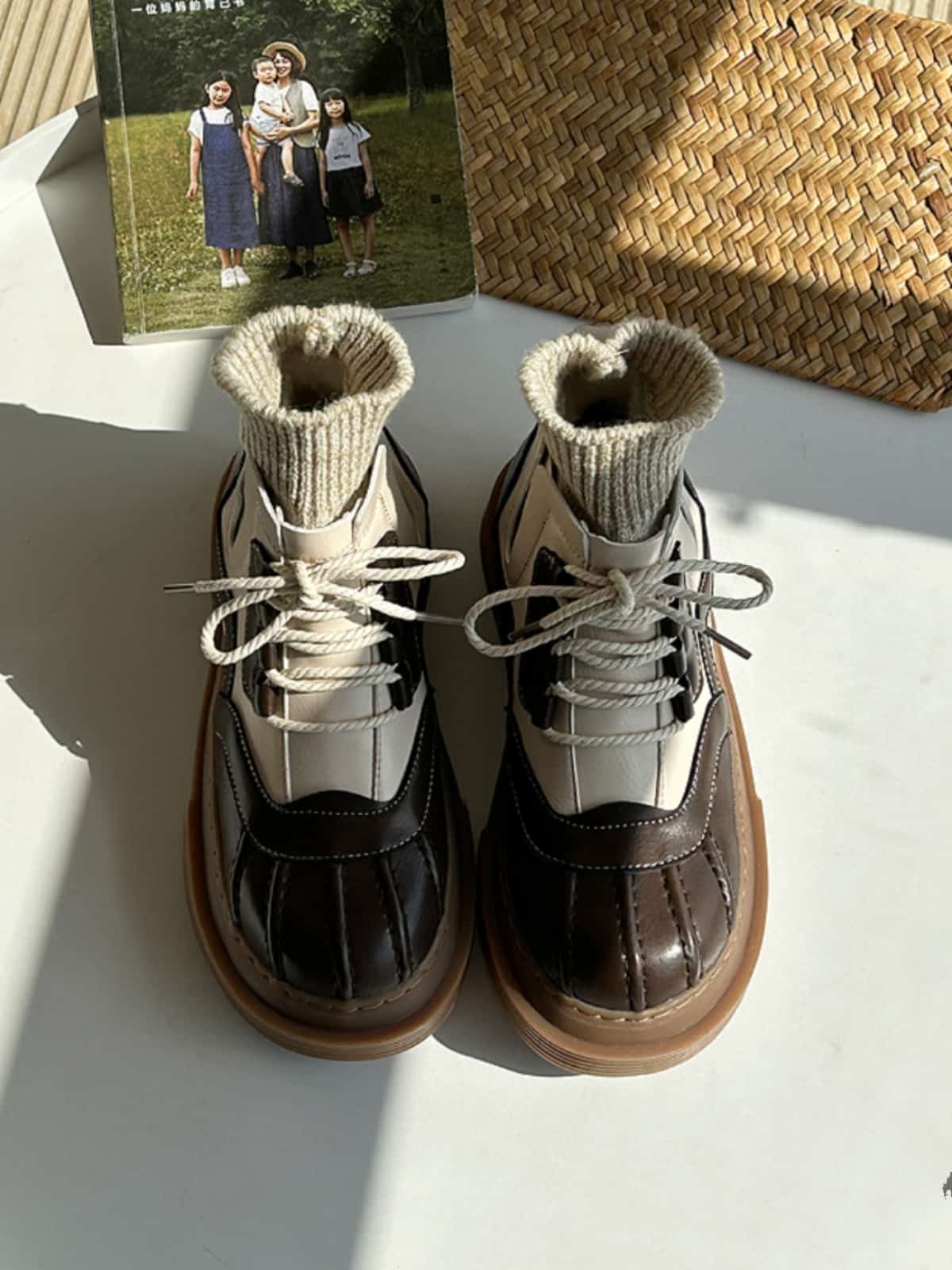 Wool mouth round head lace-up platform short boots winter velvet medium heel Martin boots