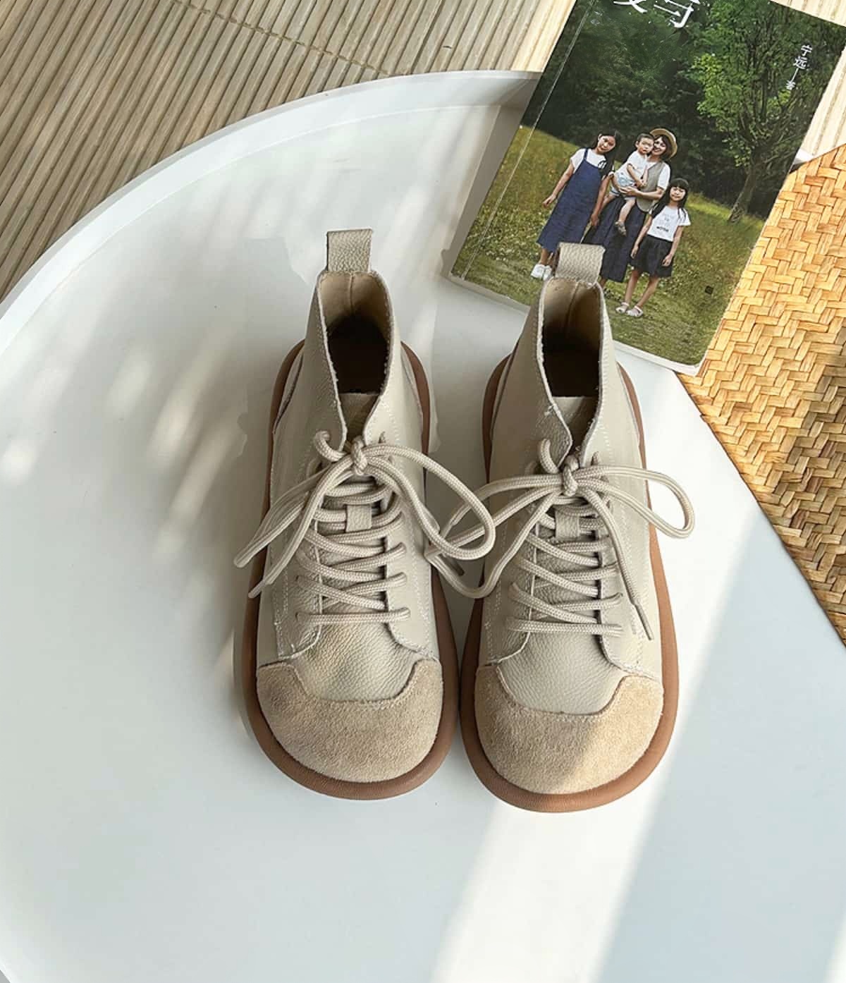 Leather Round Head Strap-Up Flat Bottom Martin Boots Comfortable Soft Sole Short Boots