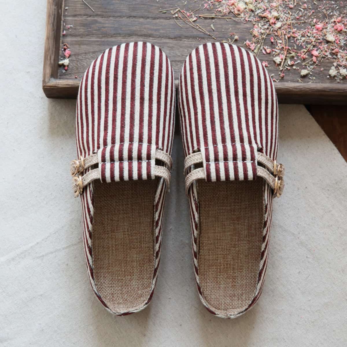 Striped bag head flat bottom half slippers handmade comfortable breathable soft bottom cotton and linen women's sandals
