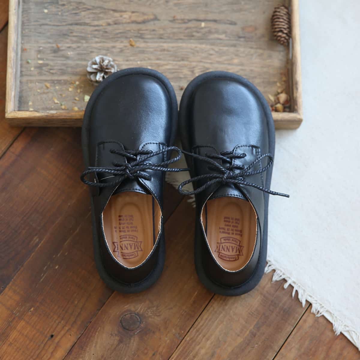 Leather round head lace-up flats, new comfortable small leather shoes, single shoes