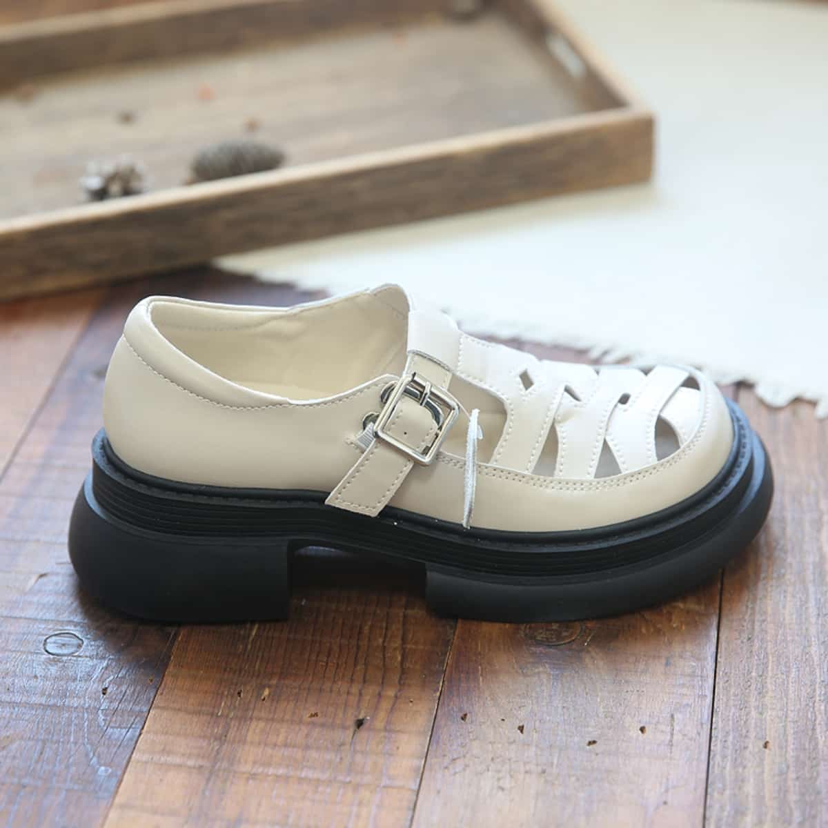 Leather hollow platform big head shoes summer fashion thick heel bag head Roman sandals