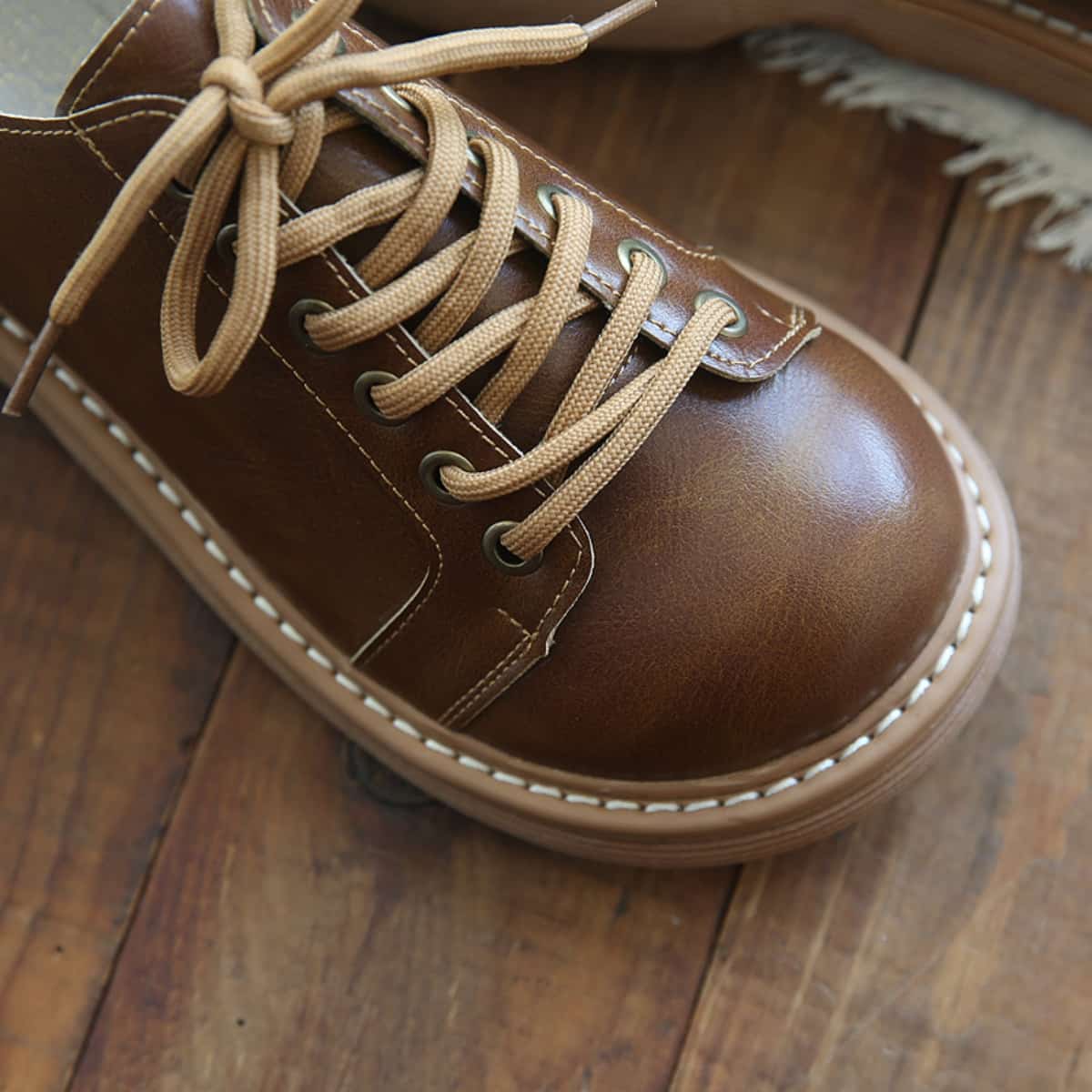 Round head lace-up platform small leather shoes college versatile uniform shoes single shoes women