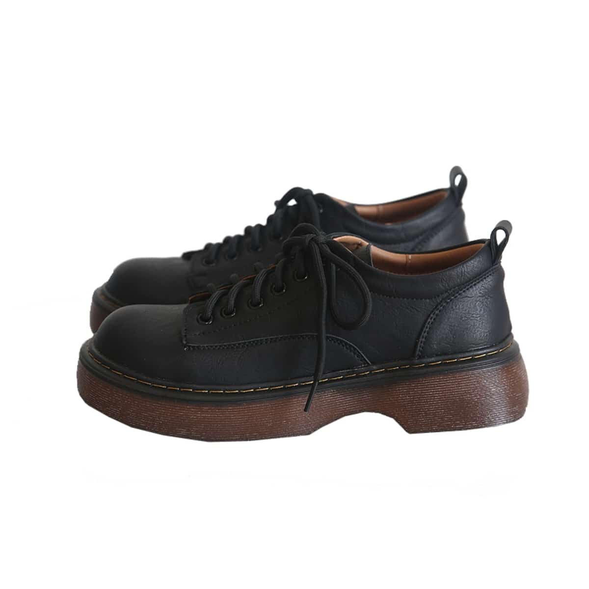 College style round head lace-up platform single shoes spring new classic black low-top small leather shoes women