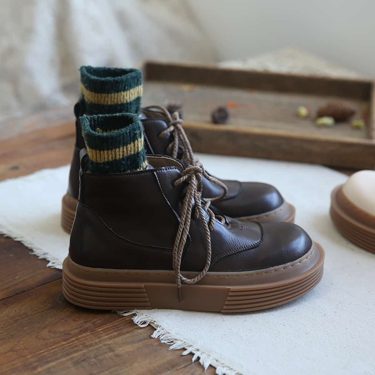 Glossy round head lace-up platform big head shoes short boots Martin boots women