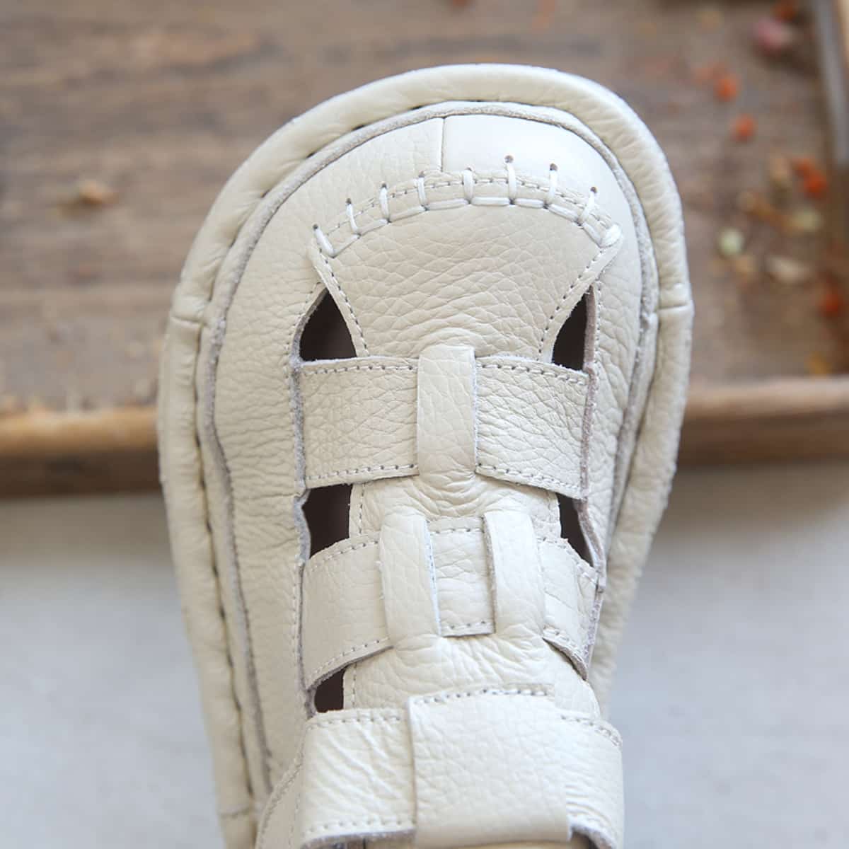 Leather Hollow Round Head Platform Big Head Shoes Summer Velcro Roman Sandals