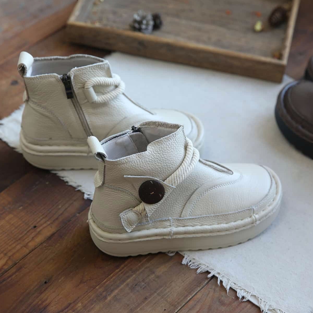 Leather Round Head Platform Big Head Shoes Button Short Boots Martin Boots Children