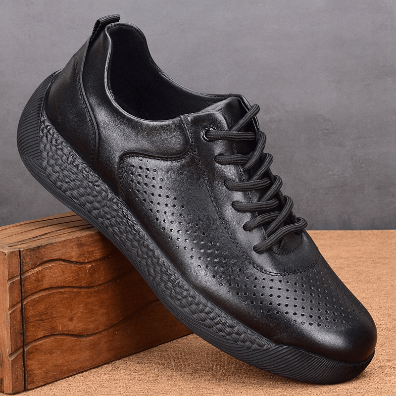 Summer leather breathable hollow first layer cowhide men's sports shoes thick sole lightweight casual running shoes