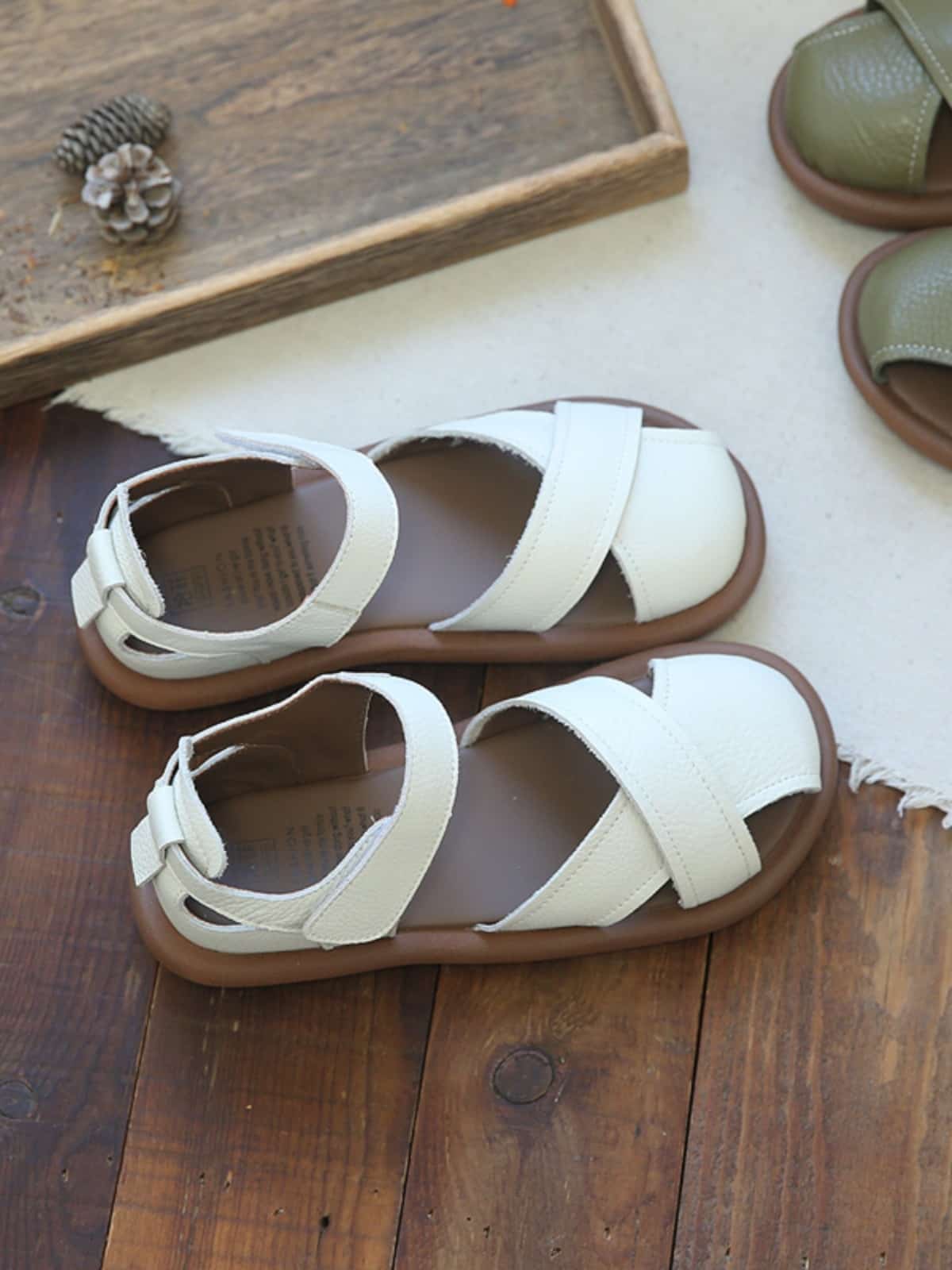 Leather hollow round head flats summer Velcro breathable soft-soled sandals