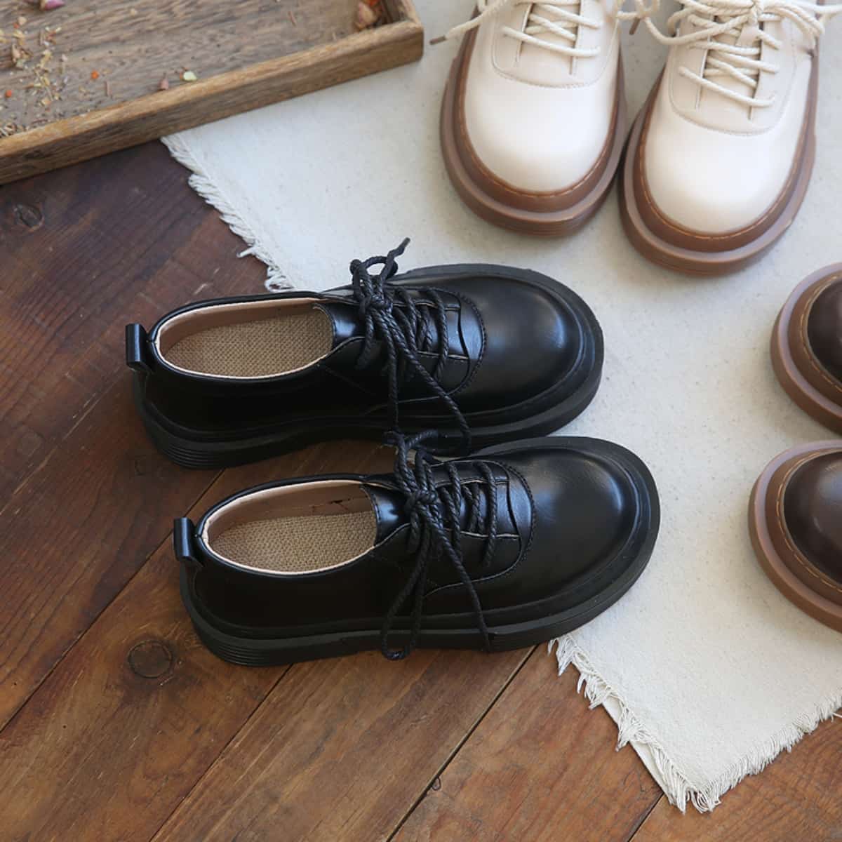Glossy round head lace-up thick-soled big head shoes deep mouth versatile small leather shoes single shoes