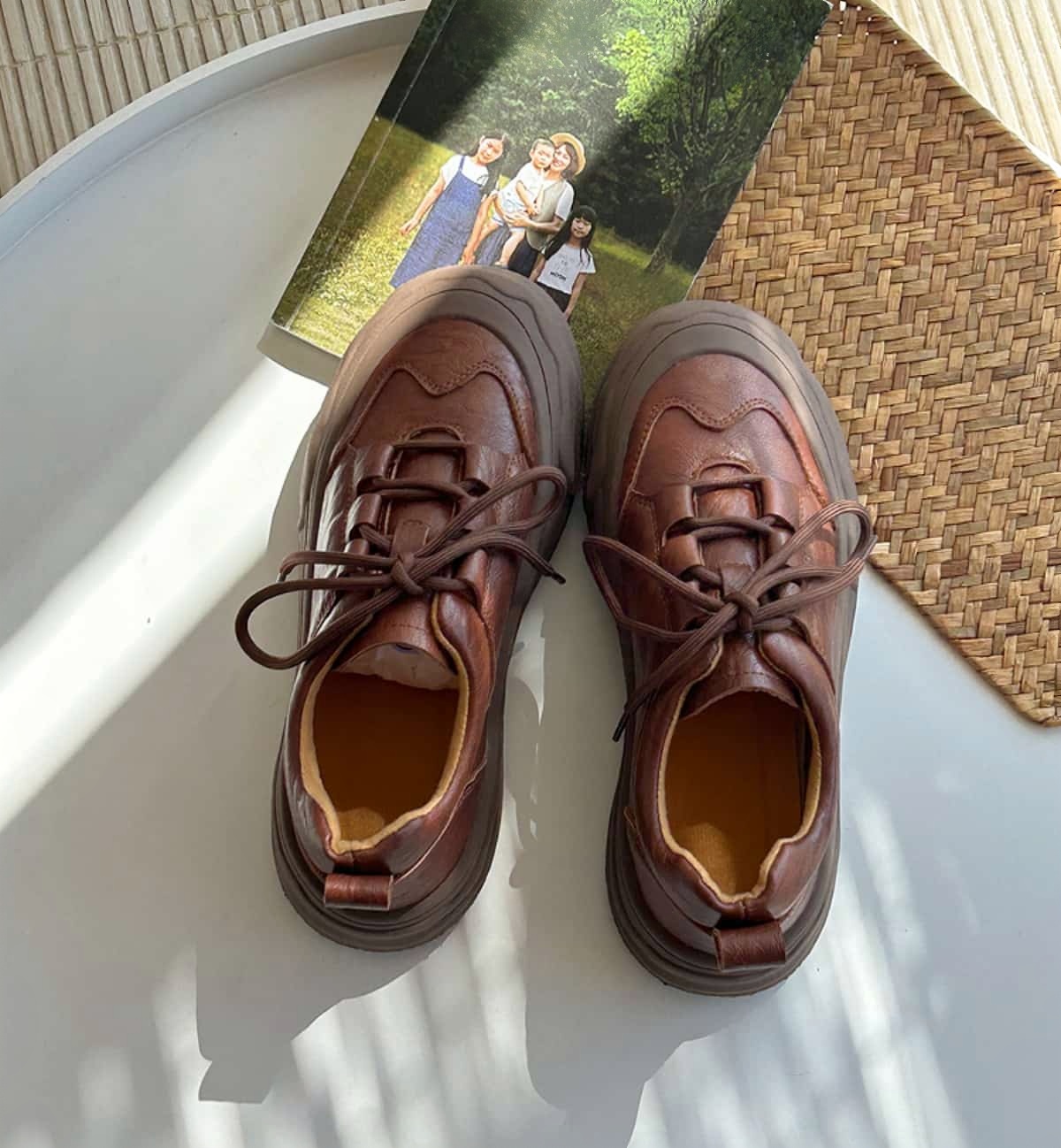 Round head lace-up thick-soled small leather shoes medium heel soft sole trendy cool shoes single shoes women