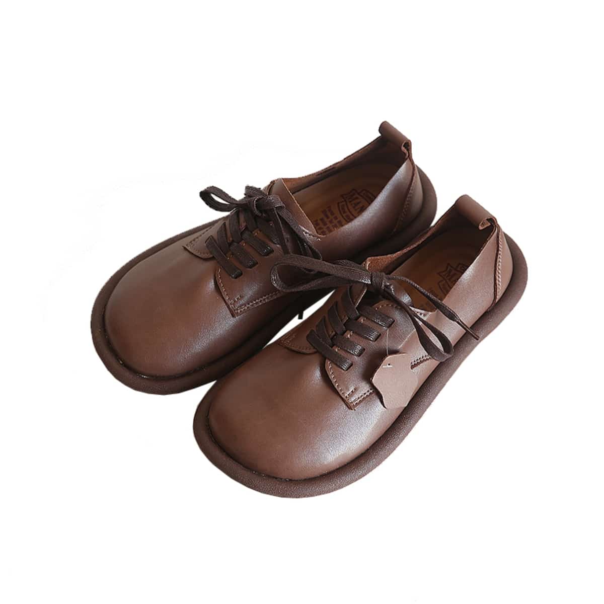 Leather round head lace-up flat shoes comfortable soft surface small leather shoes single shoes women