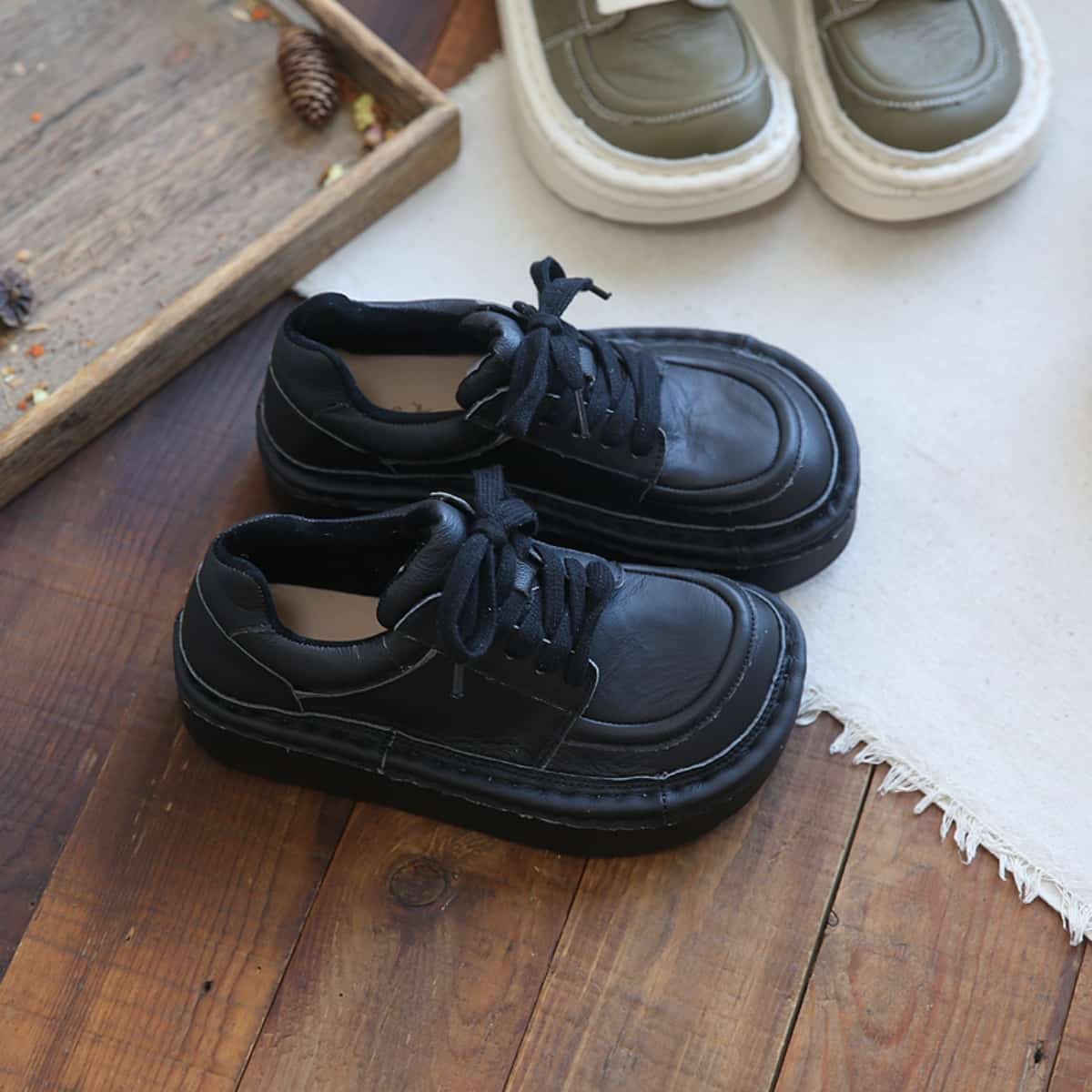 Leather round head lace-up platform big head shoes heightening shoes women