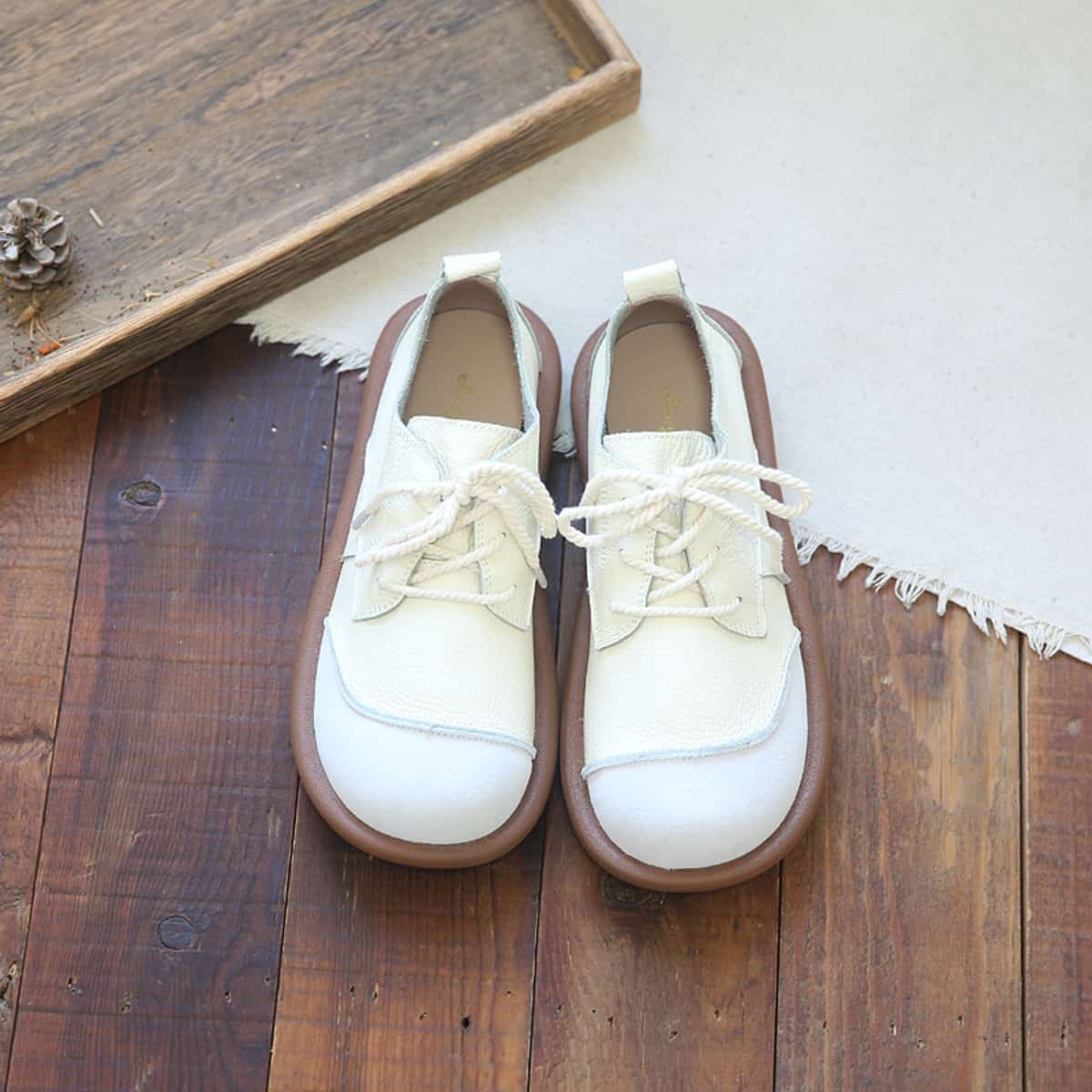Leather round head lace-up small leather shoes spring and summer low-heeled soft-soled shoes single shoes