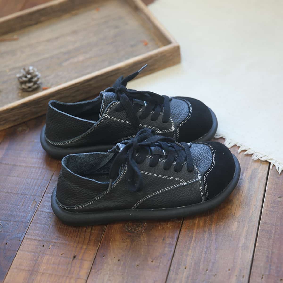 Leather round head lace-up single shoes comfortable soft sole low heel big head shoes small leather shoes