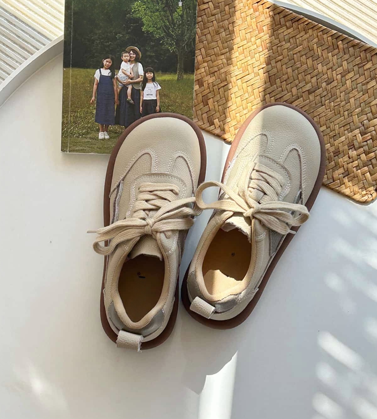 Leather round head strappy flat shoes comfortable soft sole color matching shoes little white shoes autumn