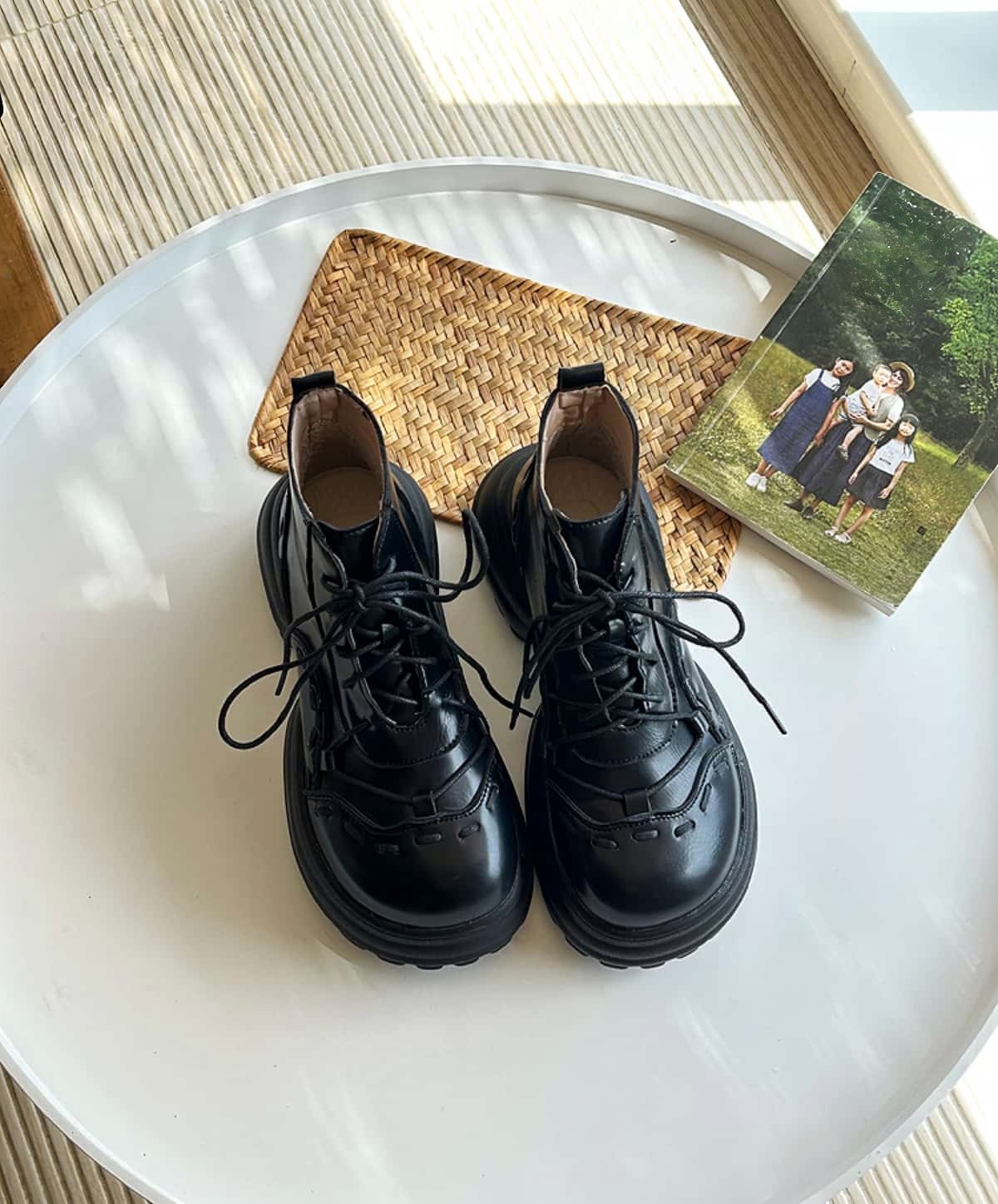 Round head lace-up thick-soled Martin boots autumn new thick heel heightening handsome locomotive boots short boots