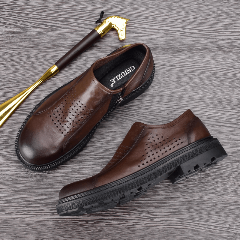 Breathable summer hollow men's casual leather shoes leather platform zipper youth versatile business shoes