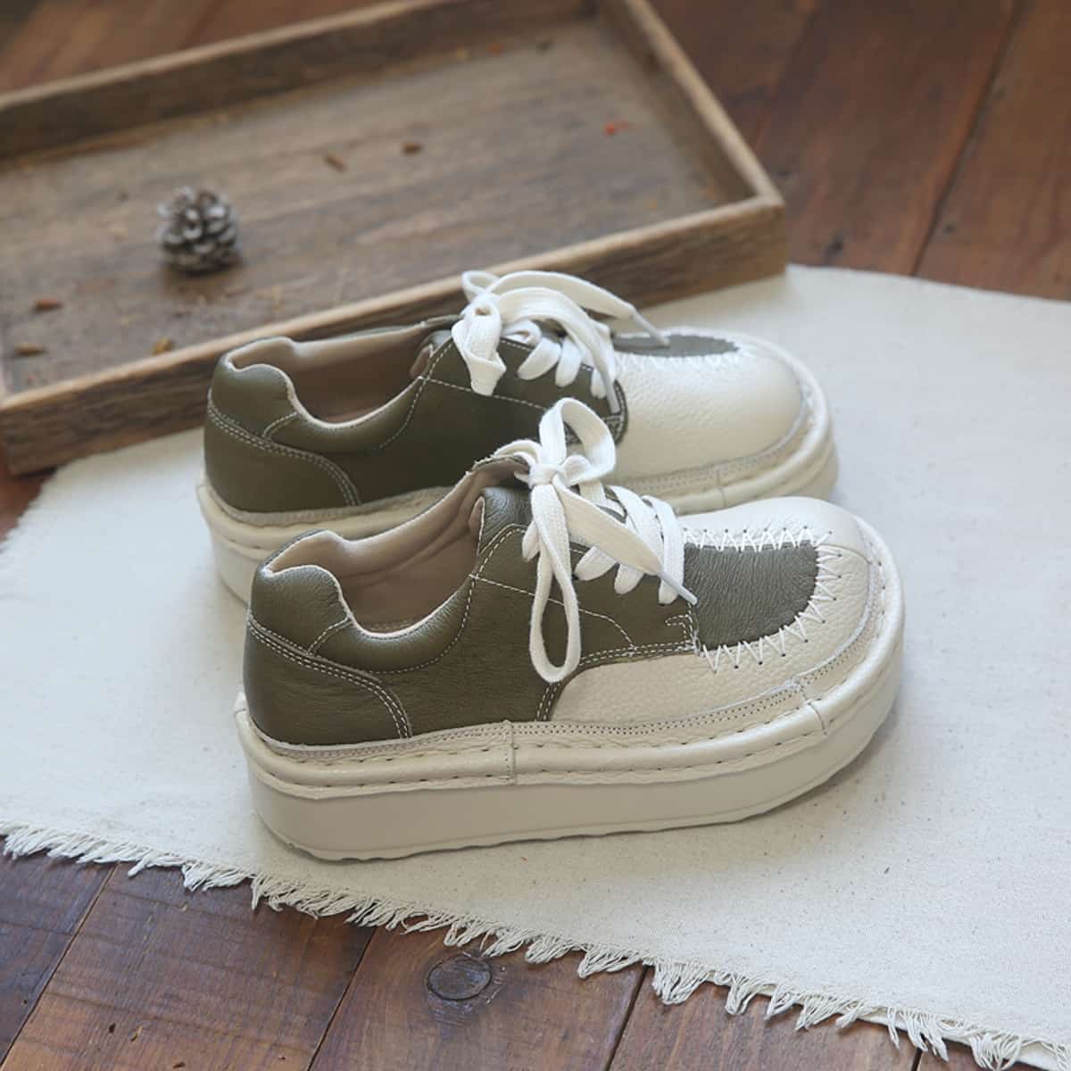 Leather round head lace-up thick-soled big-head shoes autumn and winter muffin soles comfortable single shoes