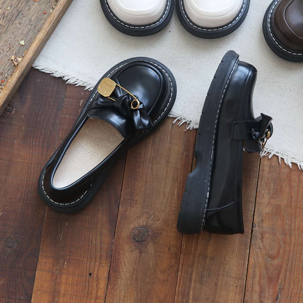 Round head thick sole big head shoes cute bow comfortable small leather shoes single shoes women