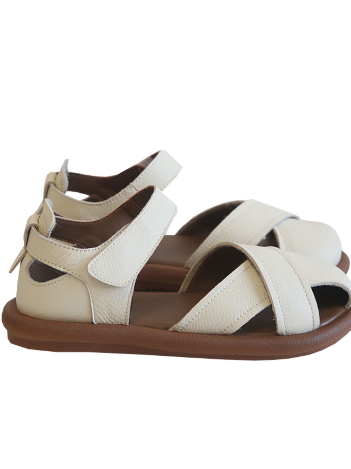 Leather hollow round head flats summer Velcro breathable soft-soled sandals